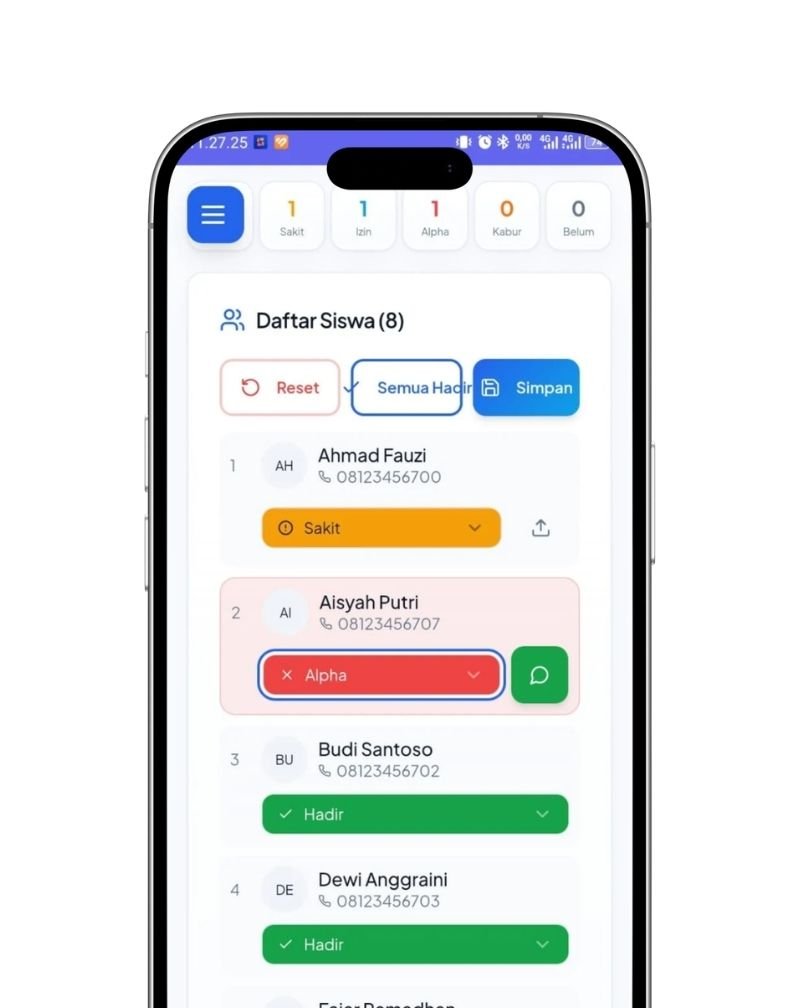 Layar absensi digital siswa di ponsel